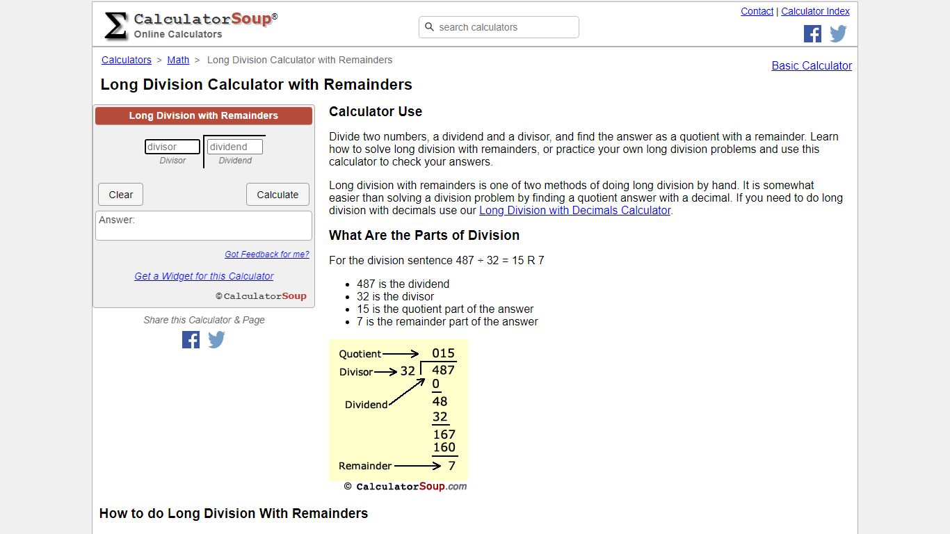 Long Division Calculator with Remainders